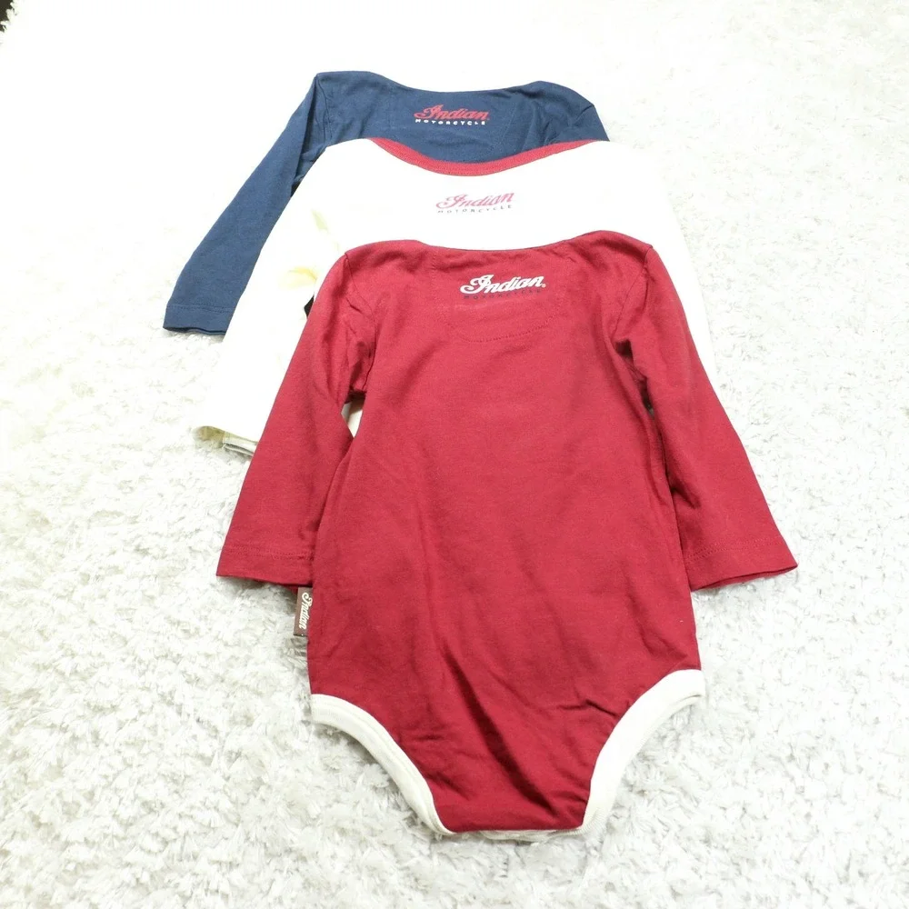 Indian Motorcycle Baby Bodysuit 3-Pack 6-12 Months Long Sleeve Cotton Romper Set